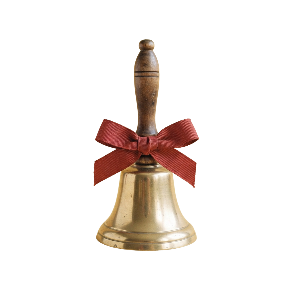 A brass-colored bell with a wooden handle and a red decorative bow tied around the clapper area