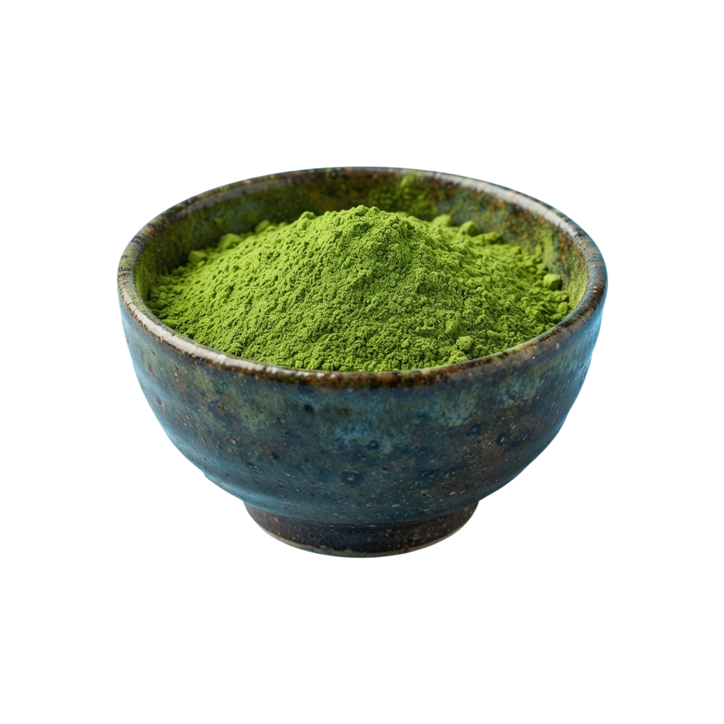 A ceramic bowl filled with bright green matcha powder