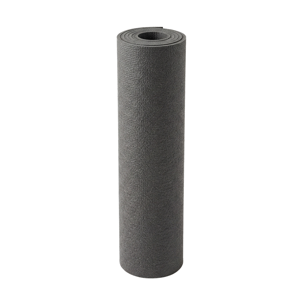 A rolled gray textured yoga mat with a smooth outer surface