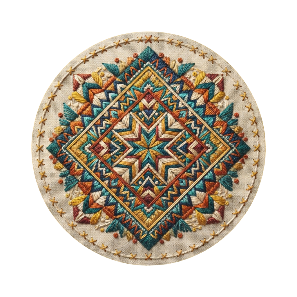 Colorful embroidered geometric floral pattern on a round fabric hoop with intricate stitching