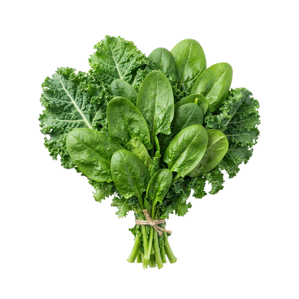 A bundle of fresh green kale leaves tied together with a twine.