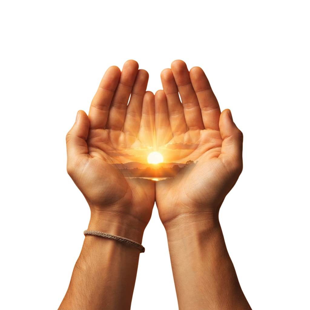Two hands cupping a bright, glowing orb resembling sunlight against a dark background