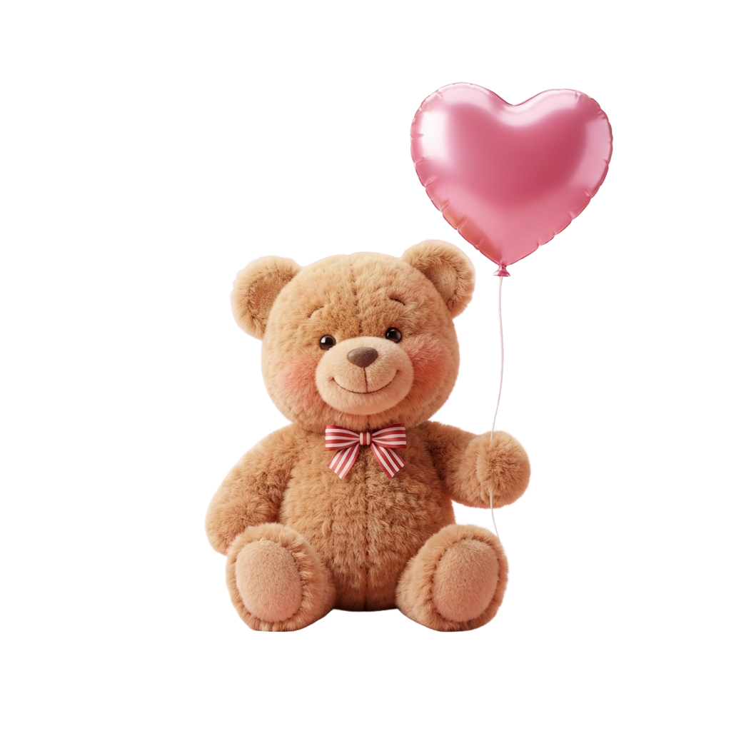 A light brown teddy bear with a pink bow tie holding a pink heart-shaped balloon