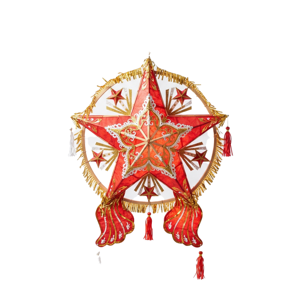 Colorful star-shaped paper lantern with red, gold, and white intricate designs and tassels hanging from each point