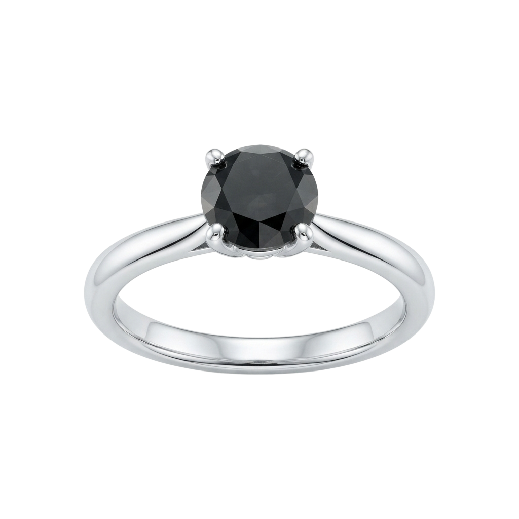 A sleek silver ring with a black diamond center stone and small prongs on either side
