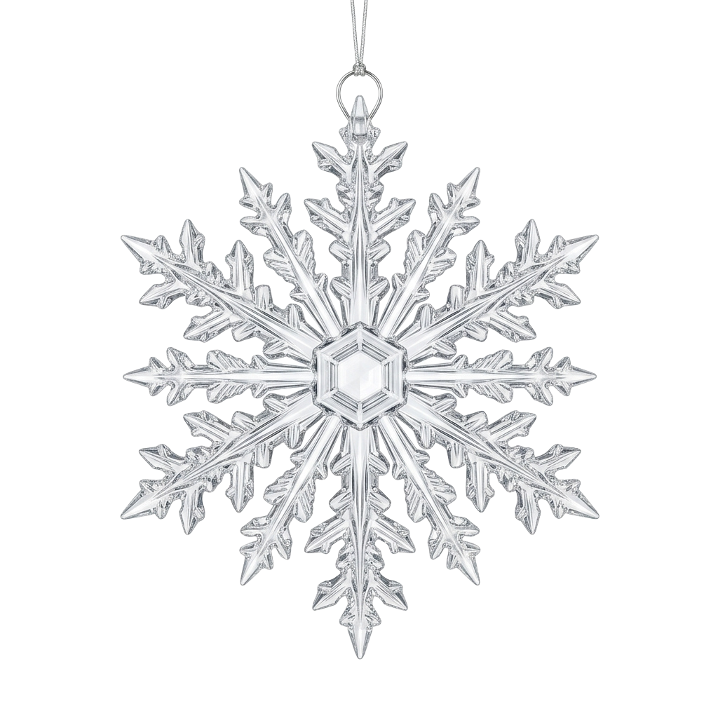 A detailed silver snowflake ornament hanging against a black background