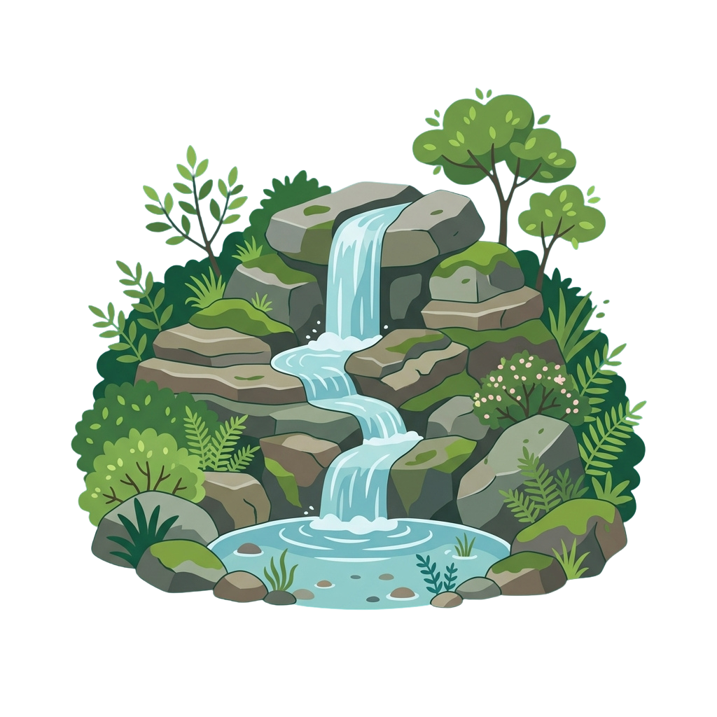 A stylized illustration of a small waterfall cascading into a pond surrounded by rocks, plants, and greenery