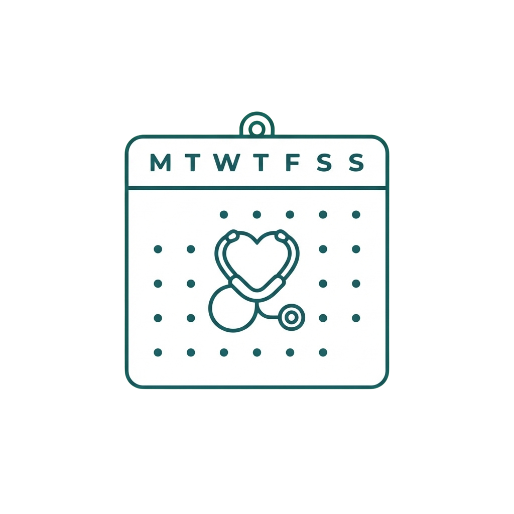 Calendar page showing days MTWTFSS with a stethoscope and heart icon in the center