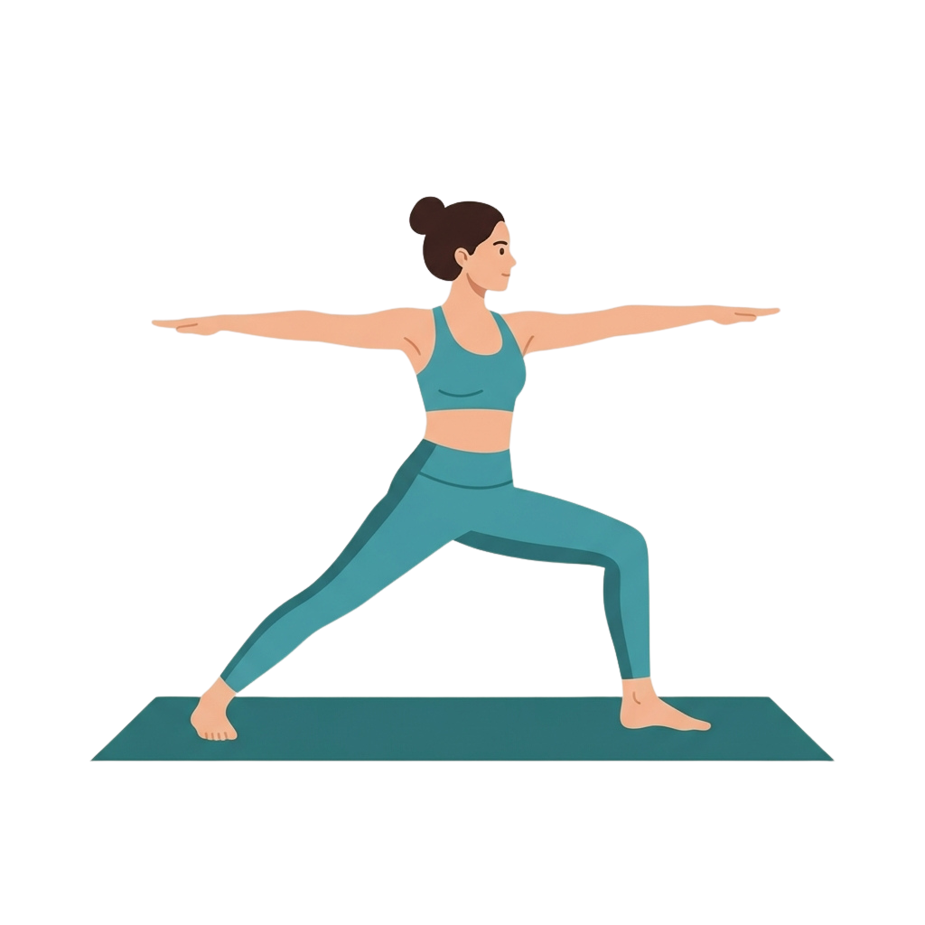 Illustration of a person performing Warrior III yoga pose on a mat with arms extended horizontally.