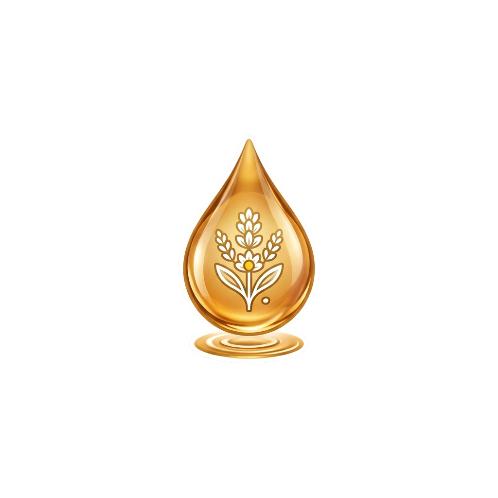 A golden trophy with a teardrop shape and a floral emblem in the center on a reflective base.