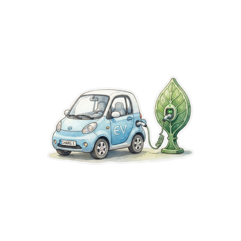 Small electric car plugged into a leaf-shaped charging station representing renewable energy