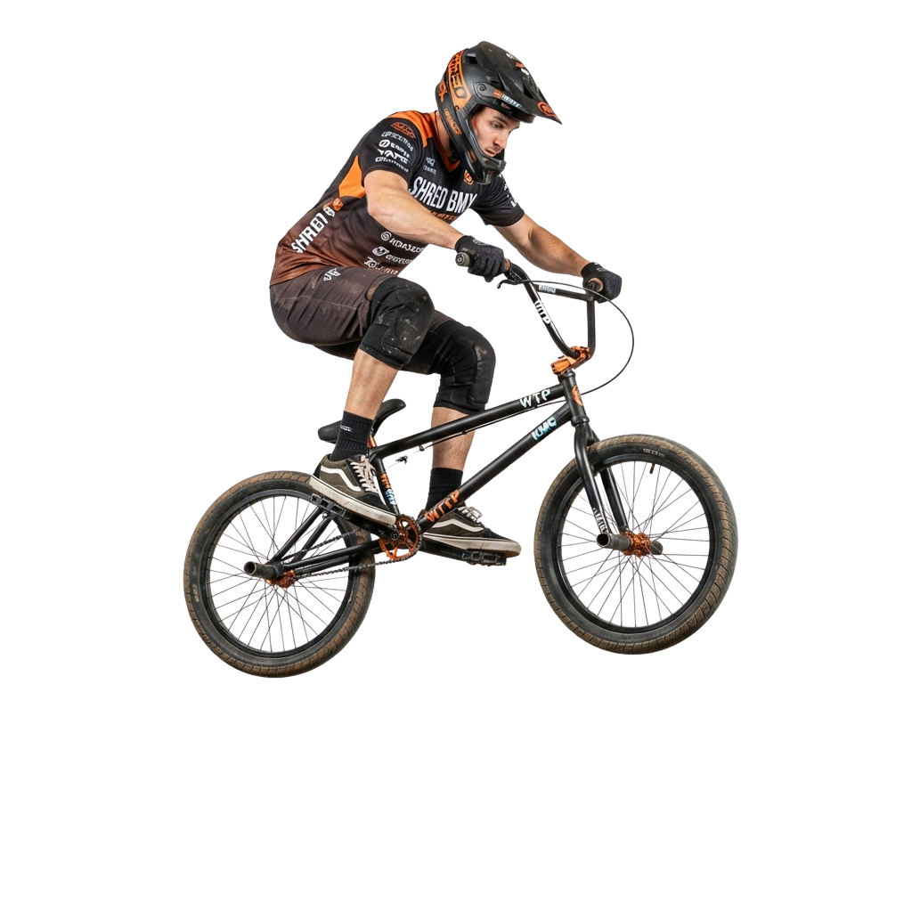 Person mid-air on BMX bike performing a stunt with protective gear on