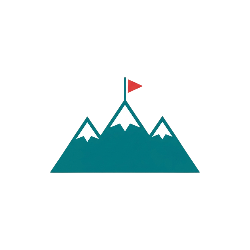 Illustration of three snow-capped mountains with a red triangular flag on the highest peak