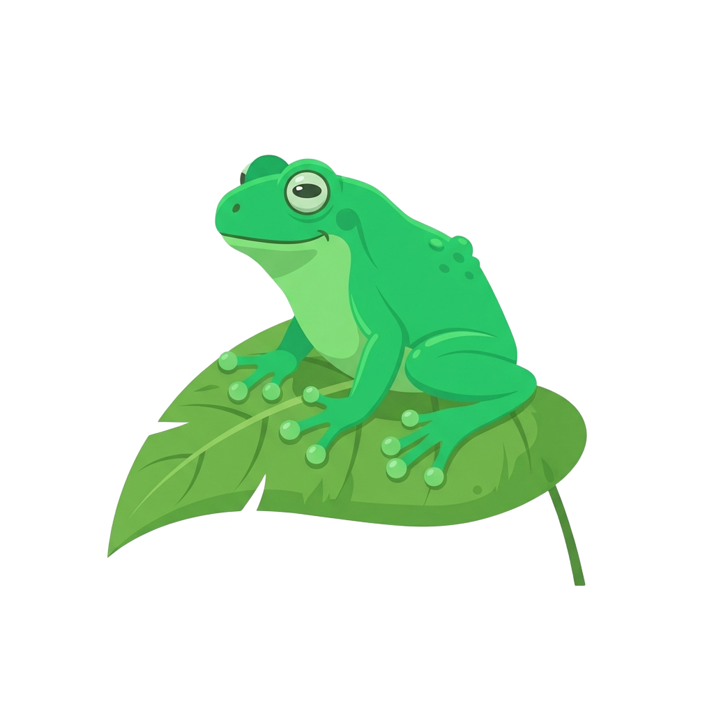 A green tree frog sitting on a leaf with water droplets on its legs