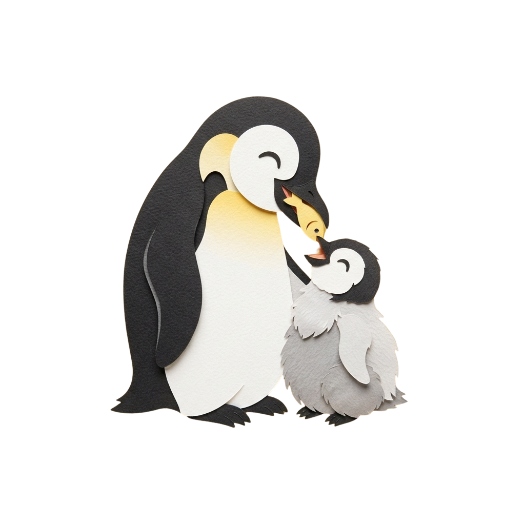 Adult penguin with two fluffy chicks in a tender family moment