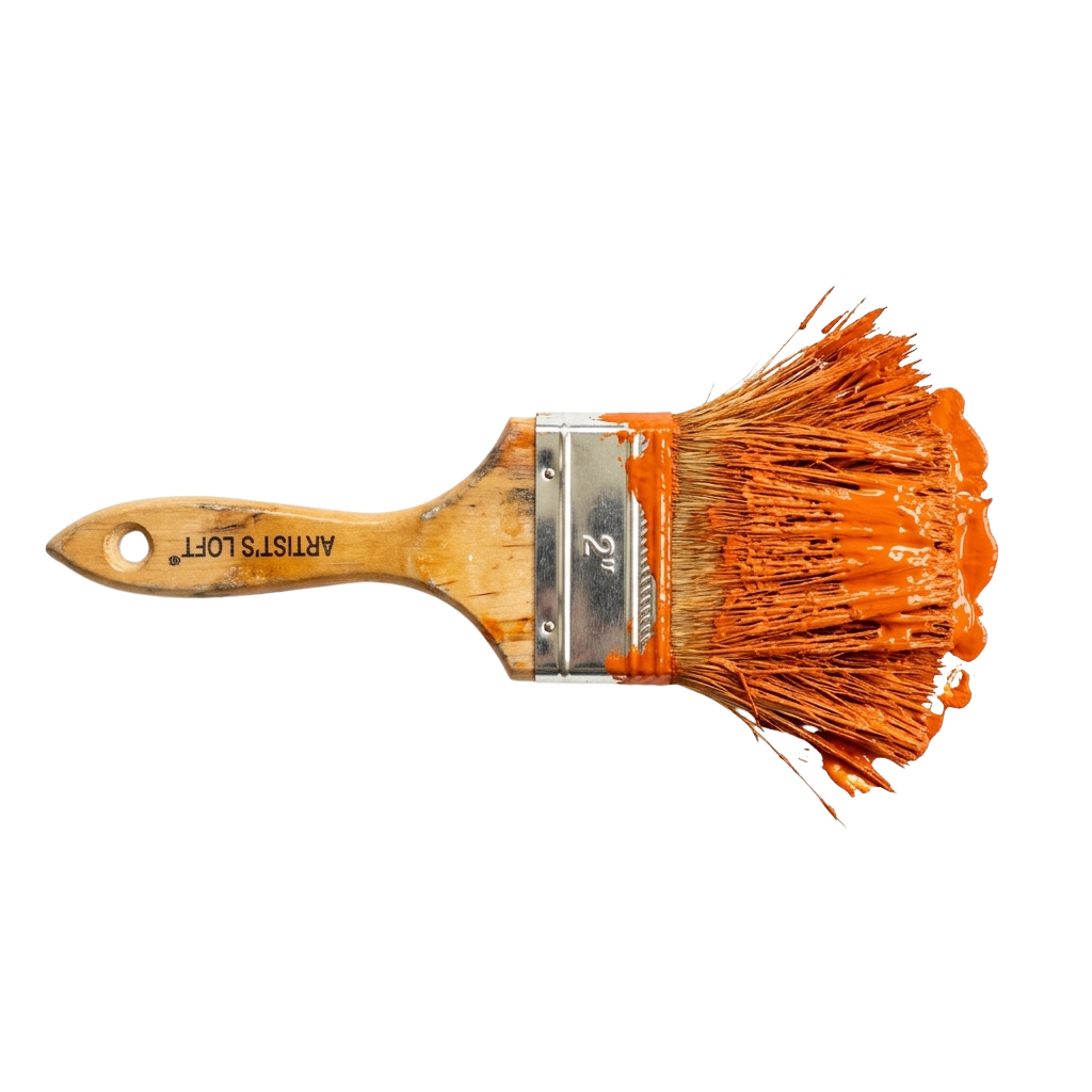 Paintbrush covered in orange paint with a wooden handle and metal ferrule
