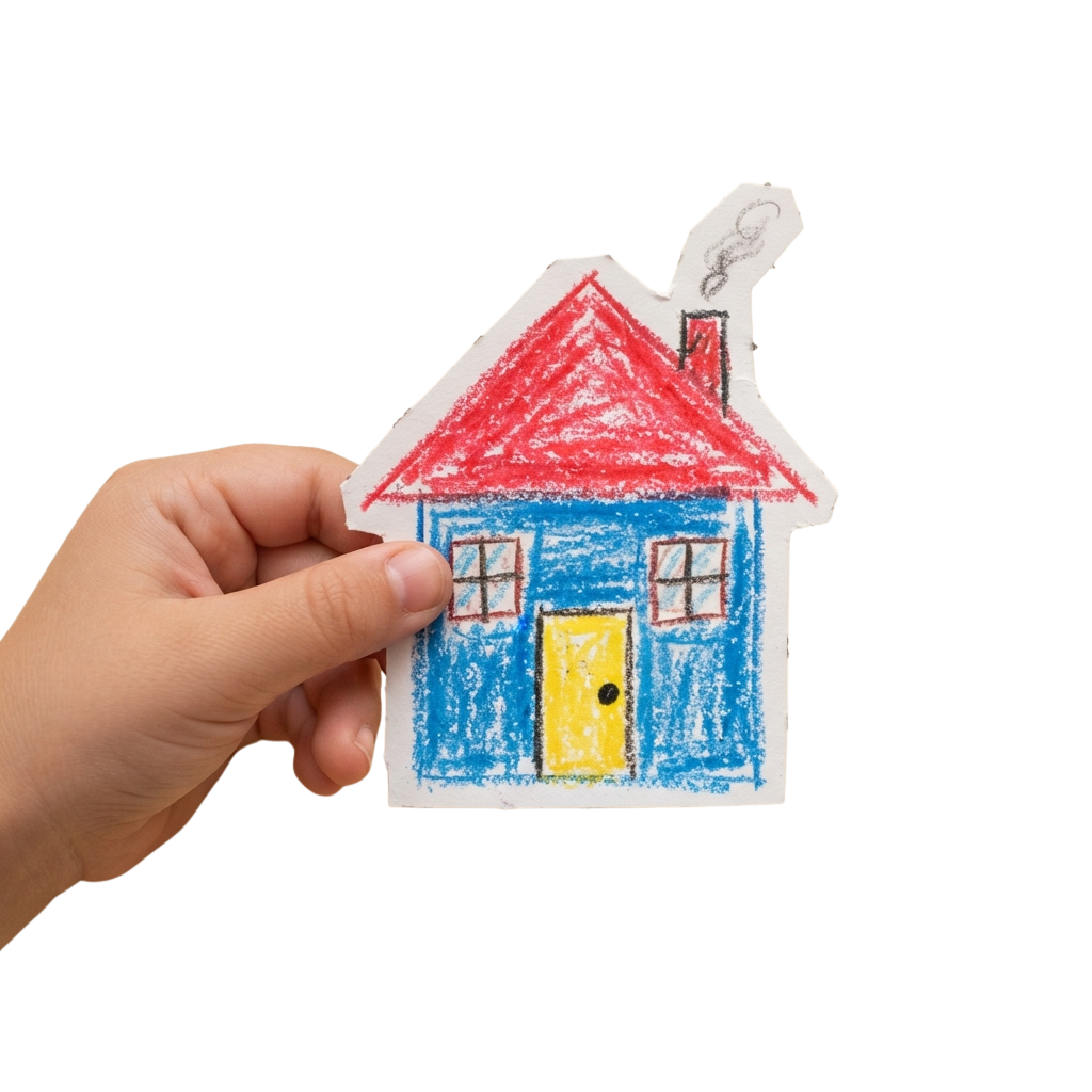 A hand holding a simple crayon drawing of a colorful house with a red roof, blue walls, and a yellow door.