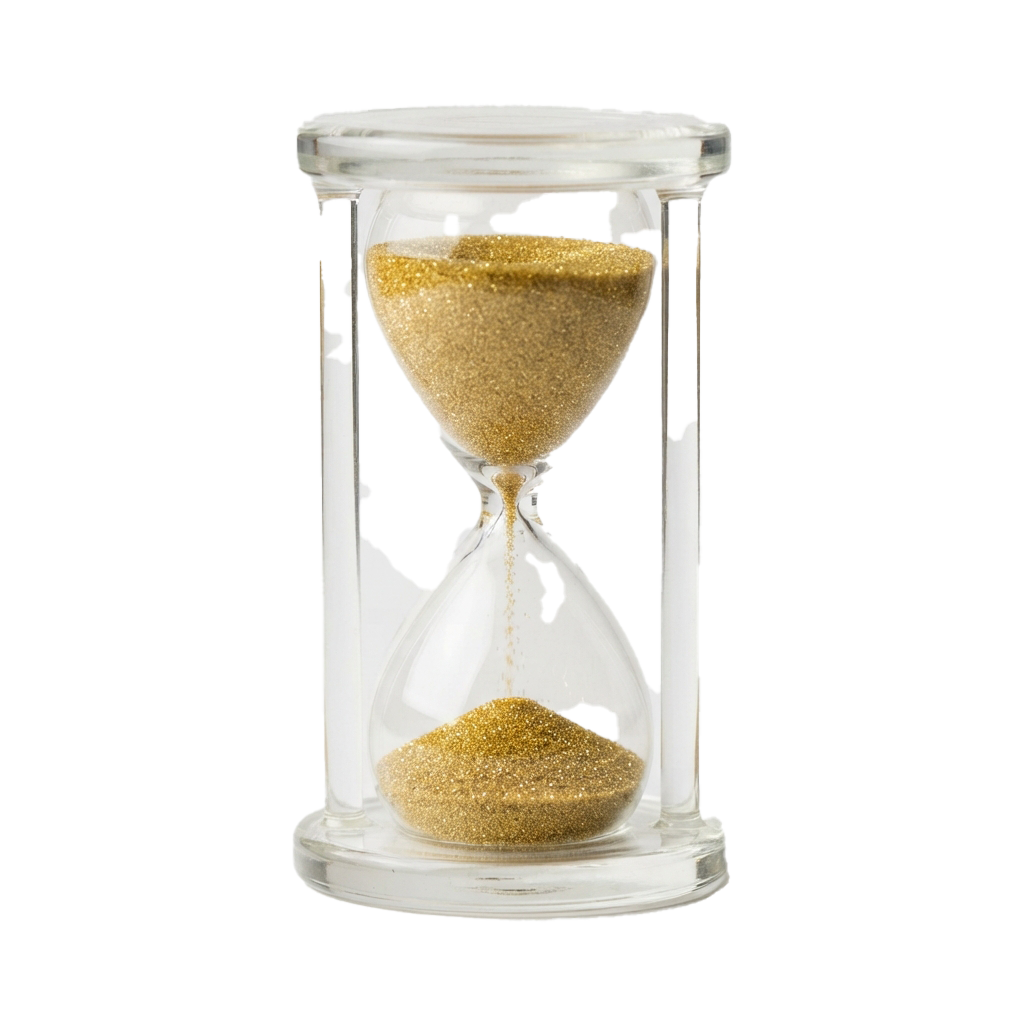 Clear glass hourglass with sand flowing between two chambers against a black background