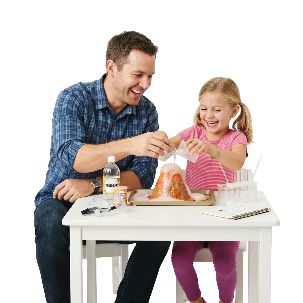 Adult and child pouring vinegar on a cake during a science experiment.