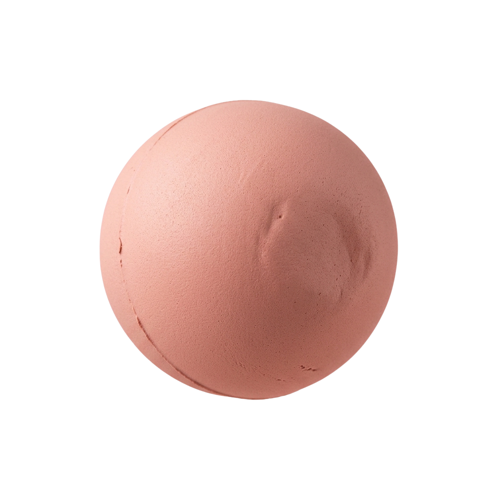 A smooth pink spherical object with a faint textured surface against a black background