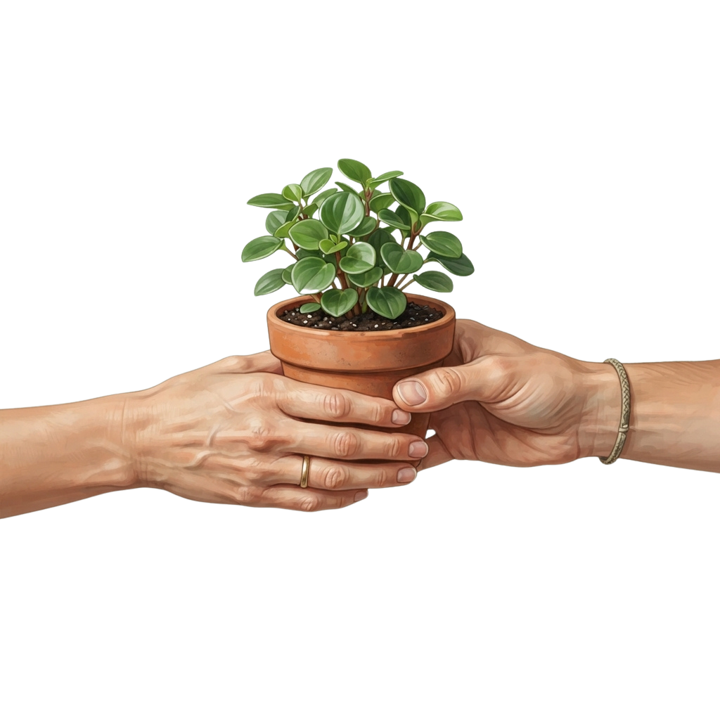 Two hands exchanging a small potted green plant symbolizing a thoughtful gift.