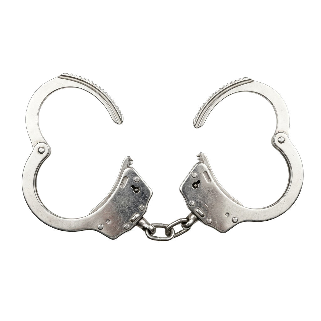 A pair of metallic handcuffs connected by a chain, displayed against a black background