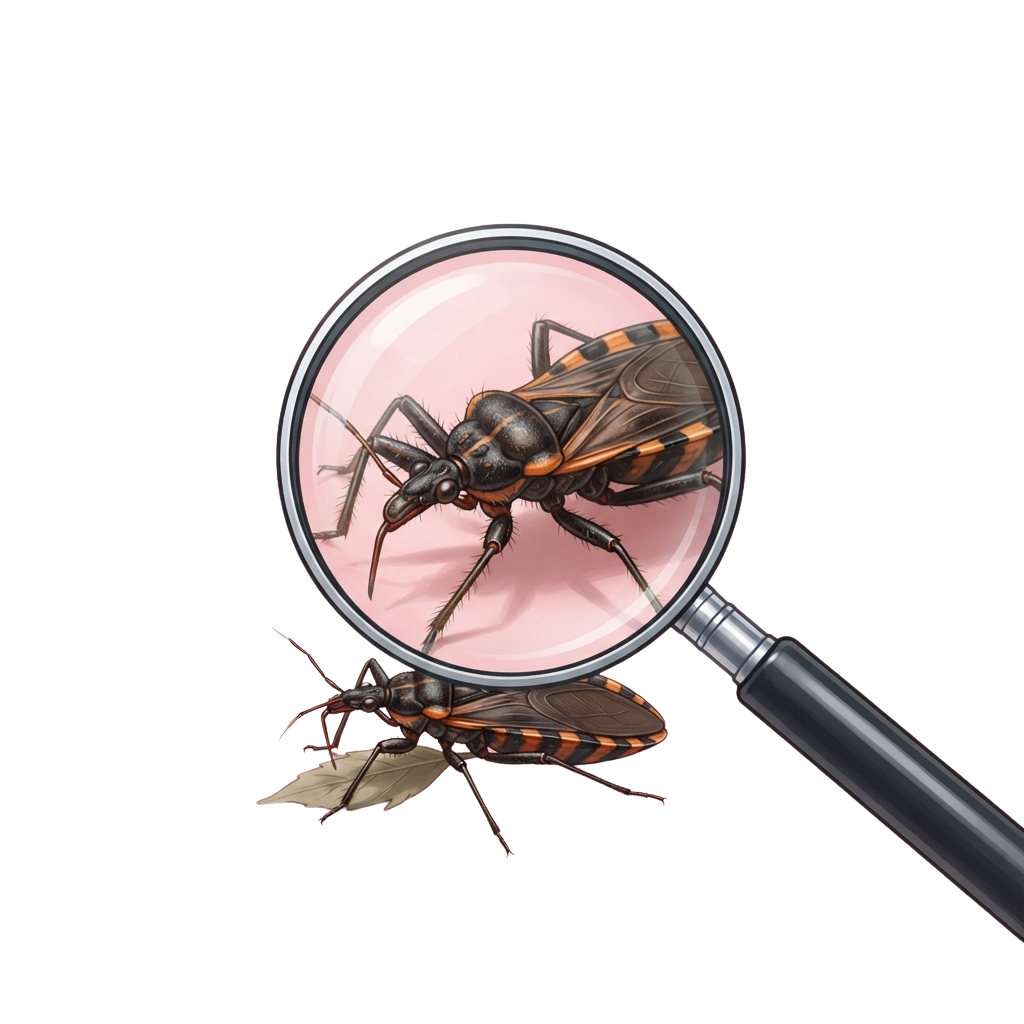 A magnifying glass showing a close-up of an ant with orange markings on its abdomen and legs