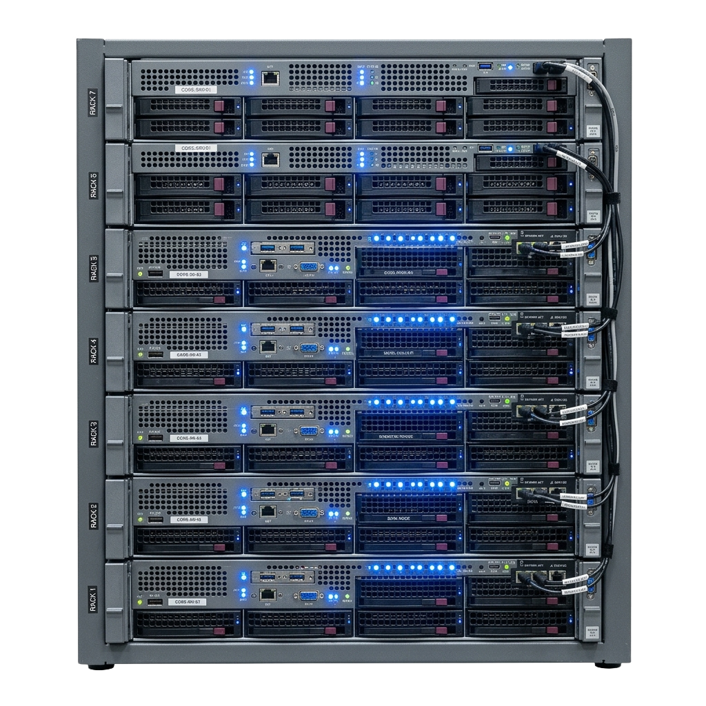 A server rack containing multiple rows of blade servers and network switches with blue and green status lights