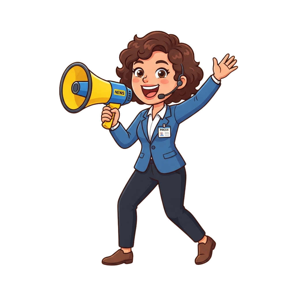 Cartoon character holding a yellow news megaphone, wearing a blue blazer, and smiling while waving one arm