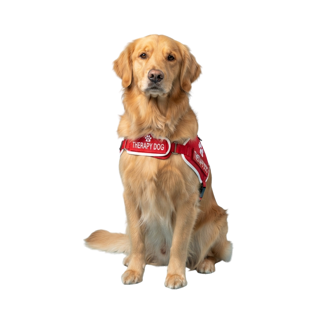 Golden Retriever therapy dog sitting on a black background wearing a red therapy dog vest