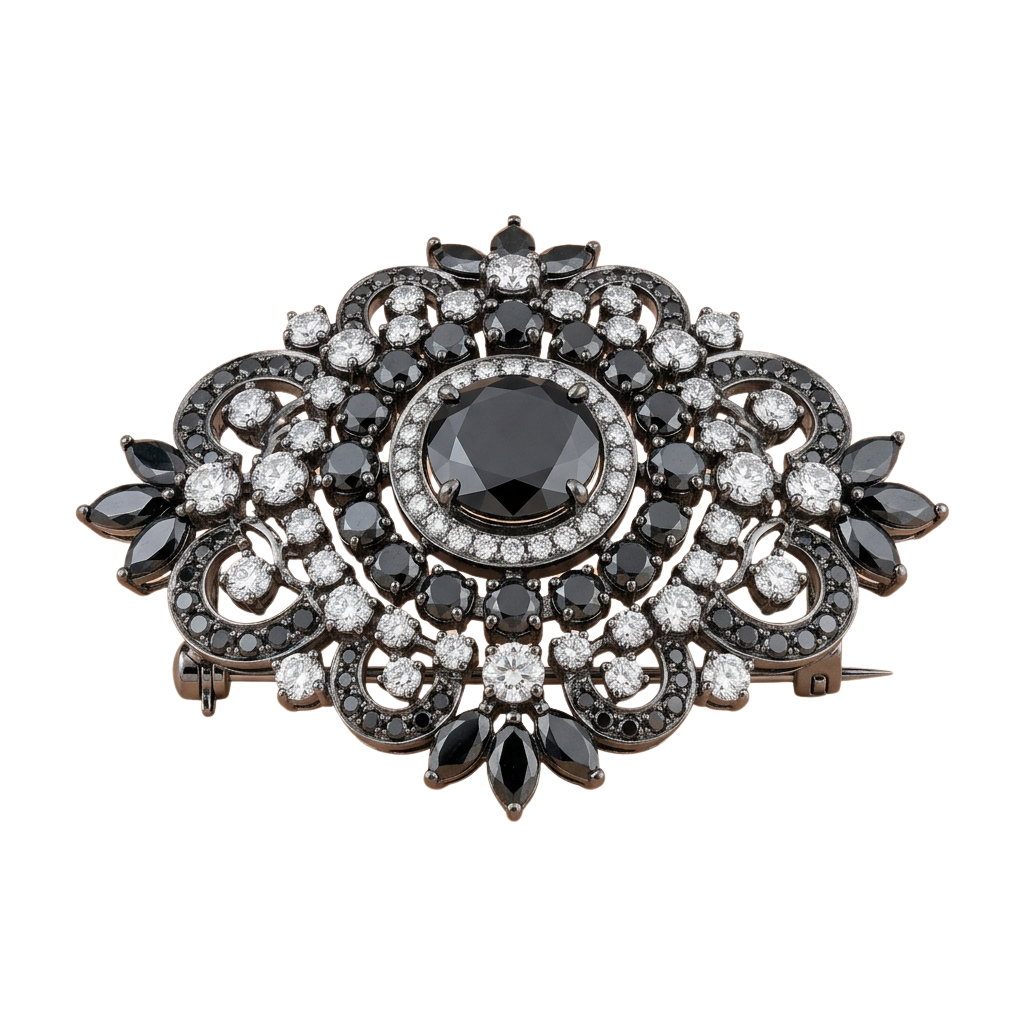 Decorative brooch featuring a central dark gemstone surrounded by black and white gemstones in an ornate design