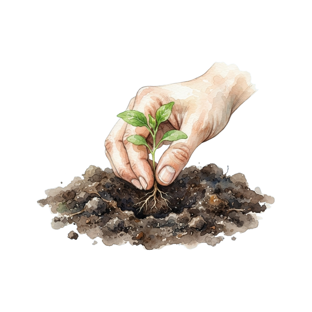 A hand gently planting a small green seedling with roots into dark soil.