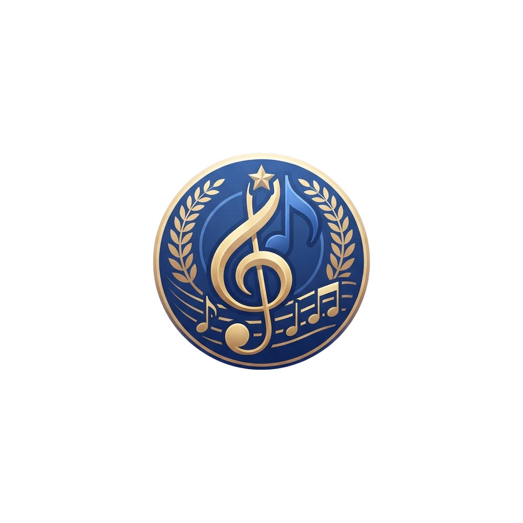 A circular emblem featuring a golden treble clef, musical notes, laurel wreath, and star on a blue background