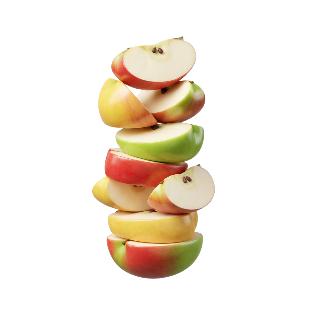 A stack of sliced apples in various colors arranged creatively against a black background