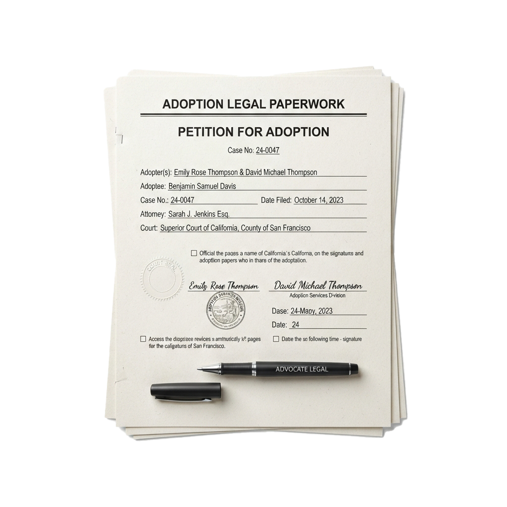 Adoption petition form labeled Petition for Adoption with signatures, seals, and a pen on top.