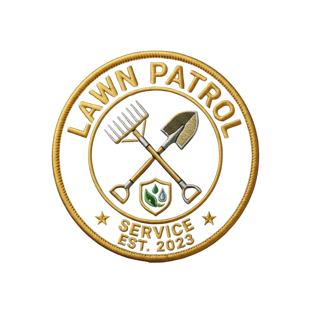 Gold and black circular patch featuring crossed gardening tools and the text Lawn Patrol Service Est 2023