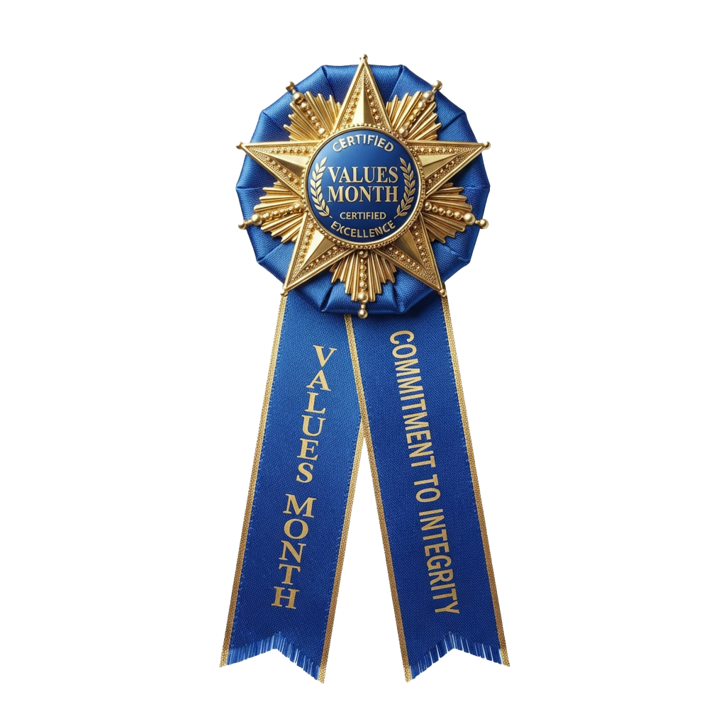 Blue ribbon with gold star and text reading Values Month and Commitment to Integrity