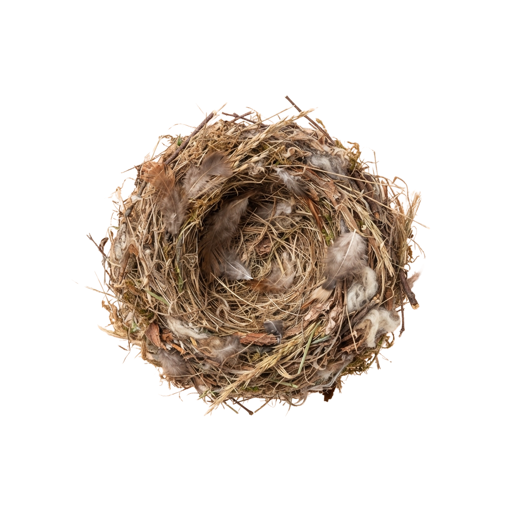 A bird nest constructed from twigs, grass, and lined with feathers.