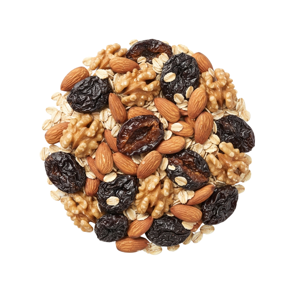 A round cluster of mixed nuts, dried fruit, and oats including almonds, raisins, and oatmeal pieces