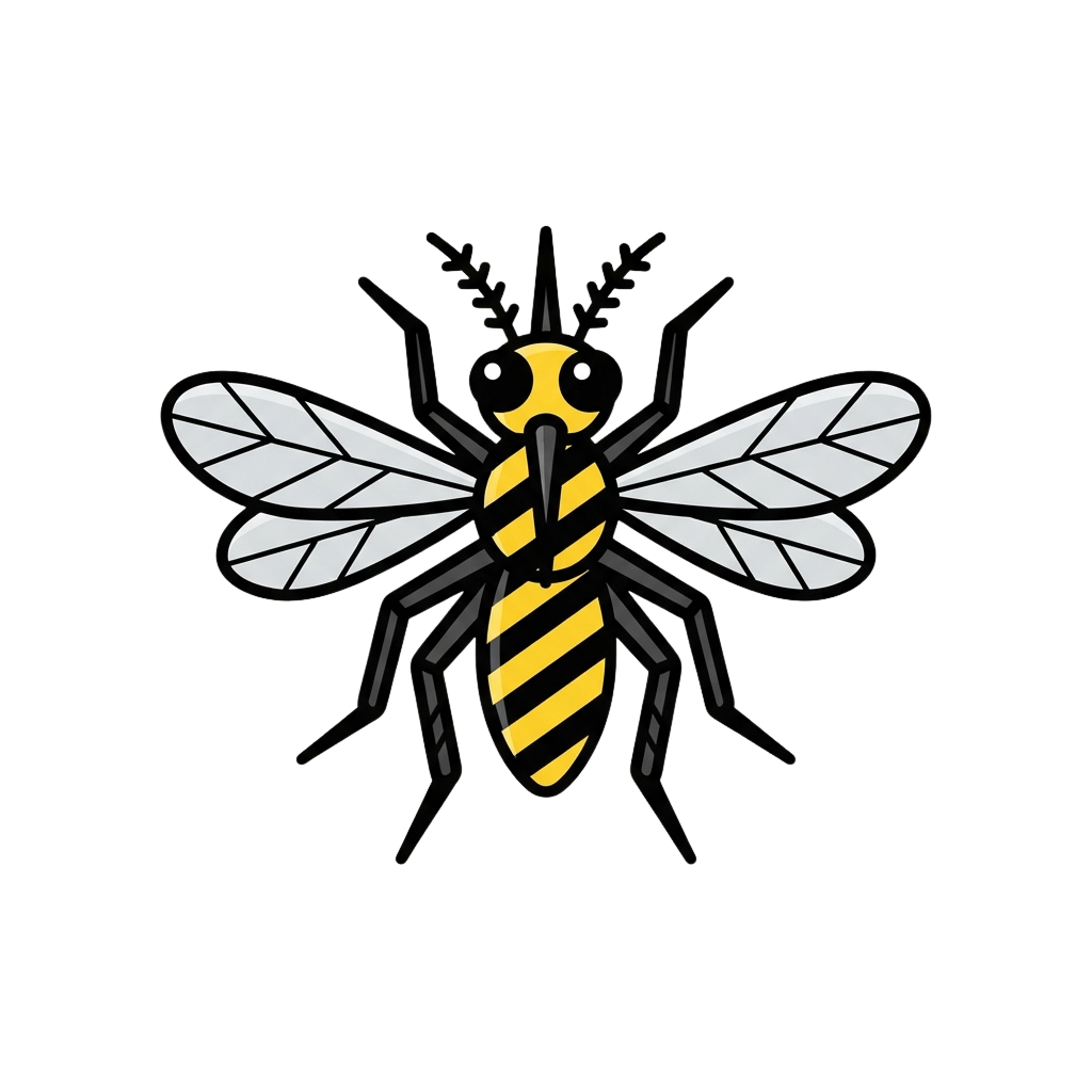 A stylized black and yellow bee or wasp with transparent wings facing forward against a dark background