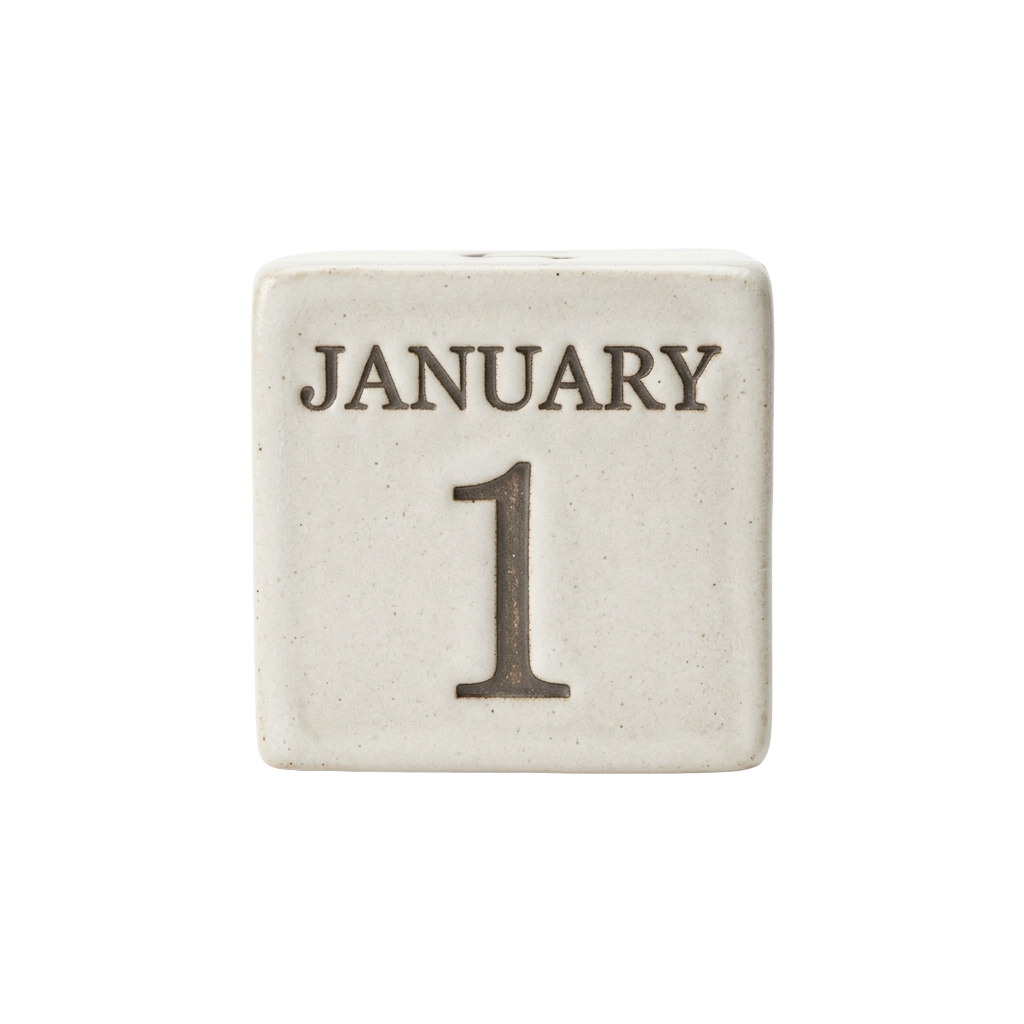 Square ceramic tile with January and the number 1 embossed in brown letters on a light background