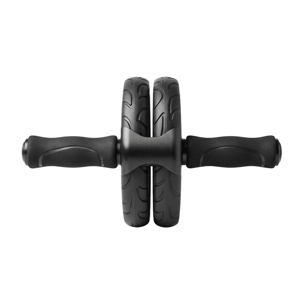 Black cross-shaped exercise wheel with rubberized handles and treaded wheels for core training