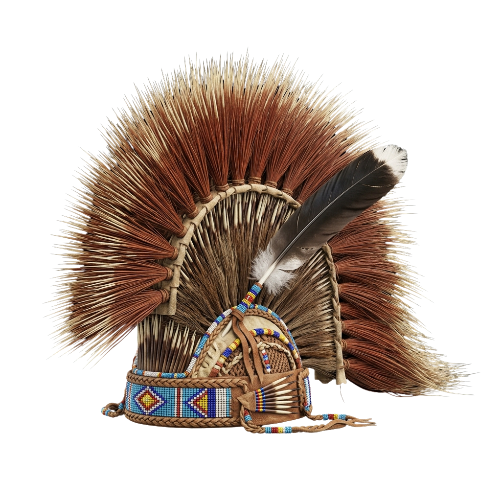 Traditional headdress featuring long feathers, beading, and decorative elements on a dark background