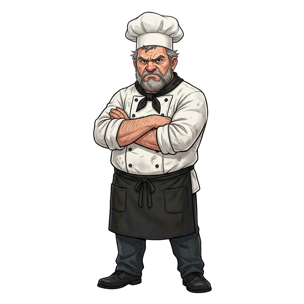 Illustration of an angry chef with arms crossed, wearing a white hat and apron