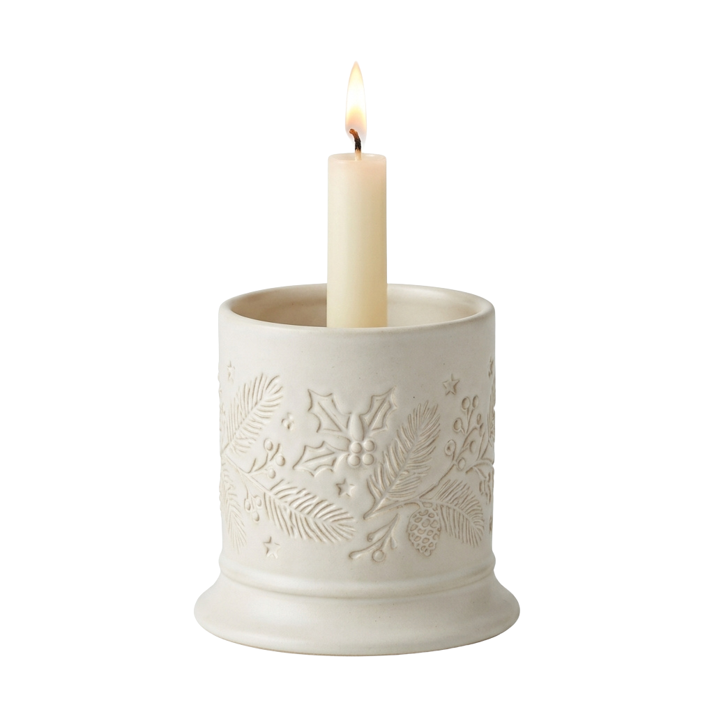 White ceramic candle holder with raised holiday floral patterns holding a lit candle