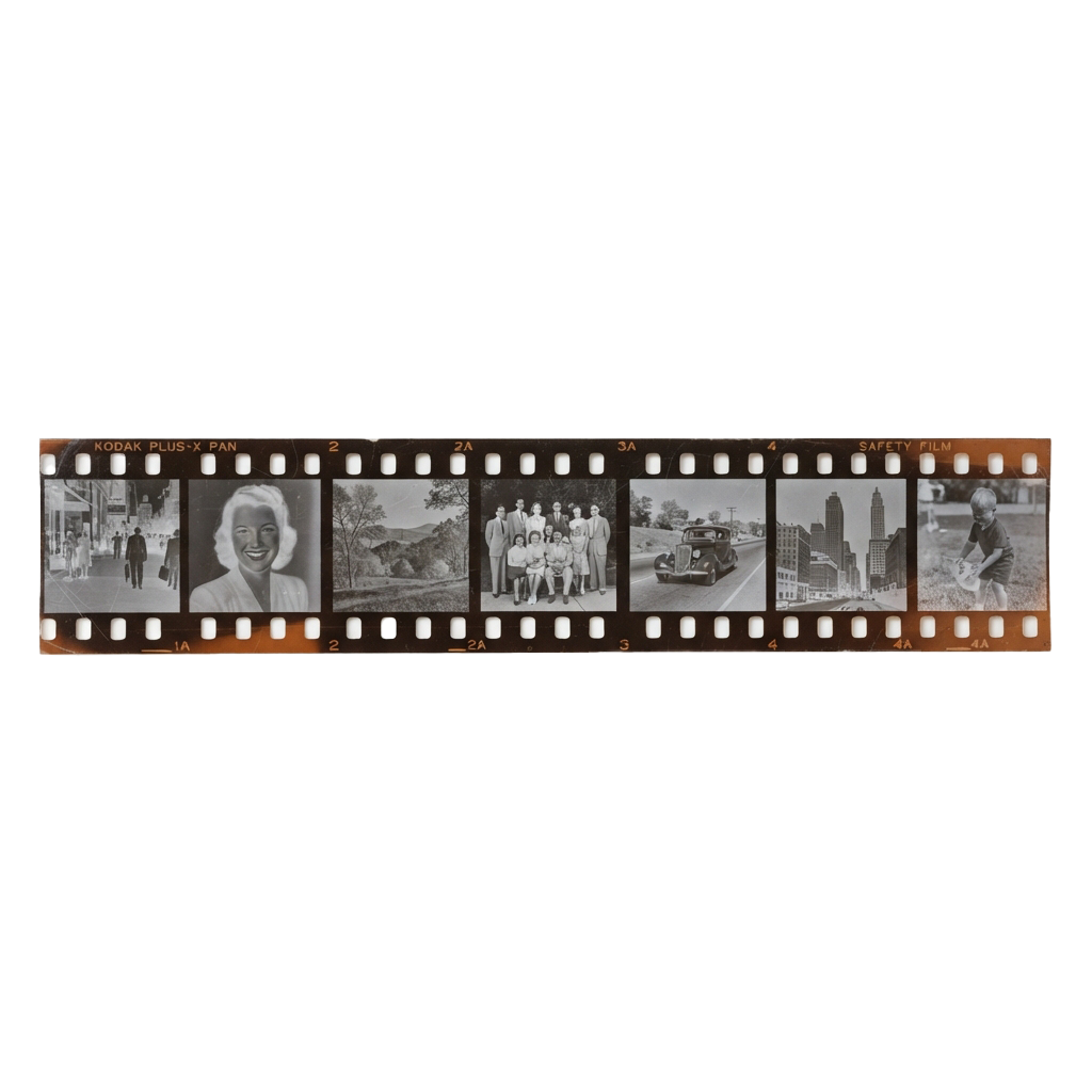 Black and white film strip with six images showing people, buildings, and vehicles from an earlier era