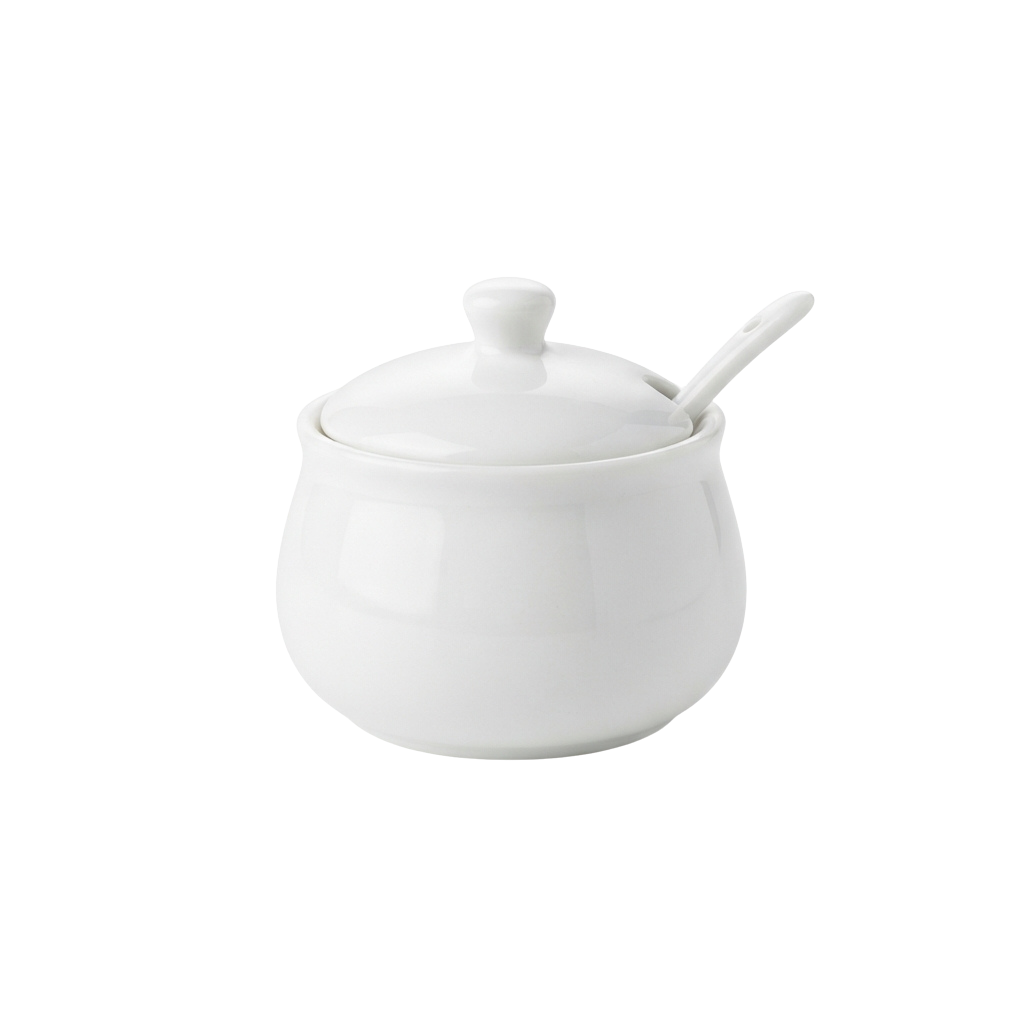 A white ceramic sugar bowl with a lid and a matching spoon on top