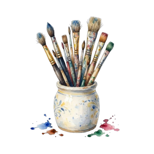 A ceramic jar holding a variety of watercolor brushes with paint splatters around it