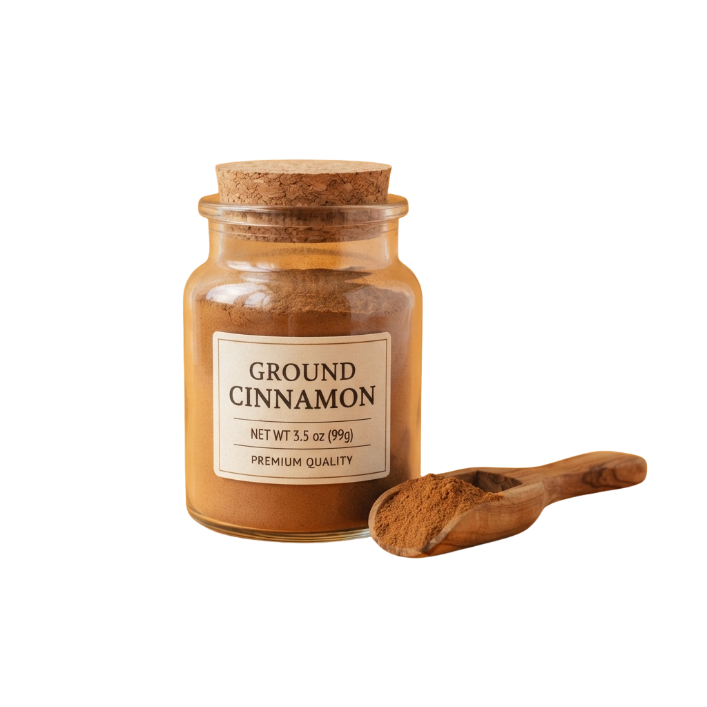 A glass jar of ground cinnamon with a wooden spoon and cork lid on a black background