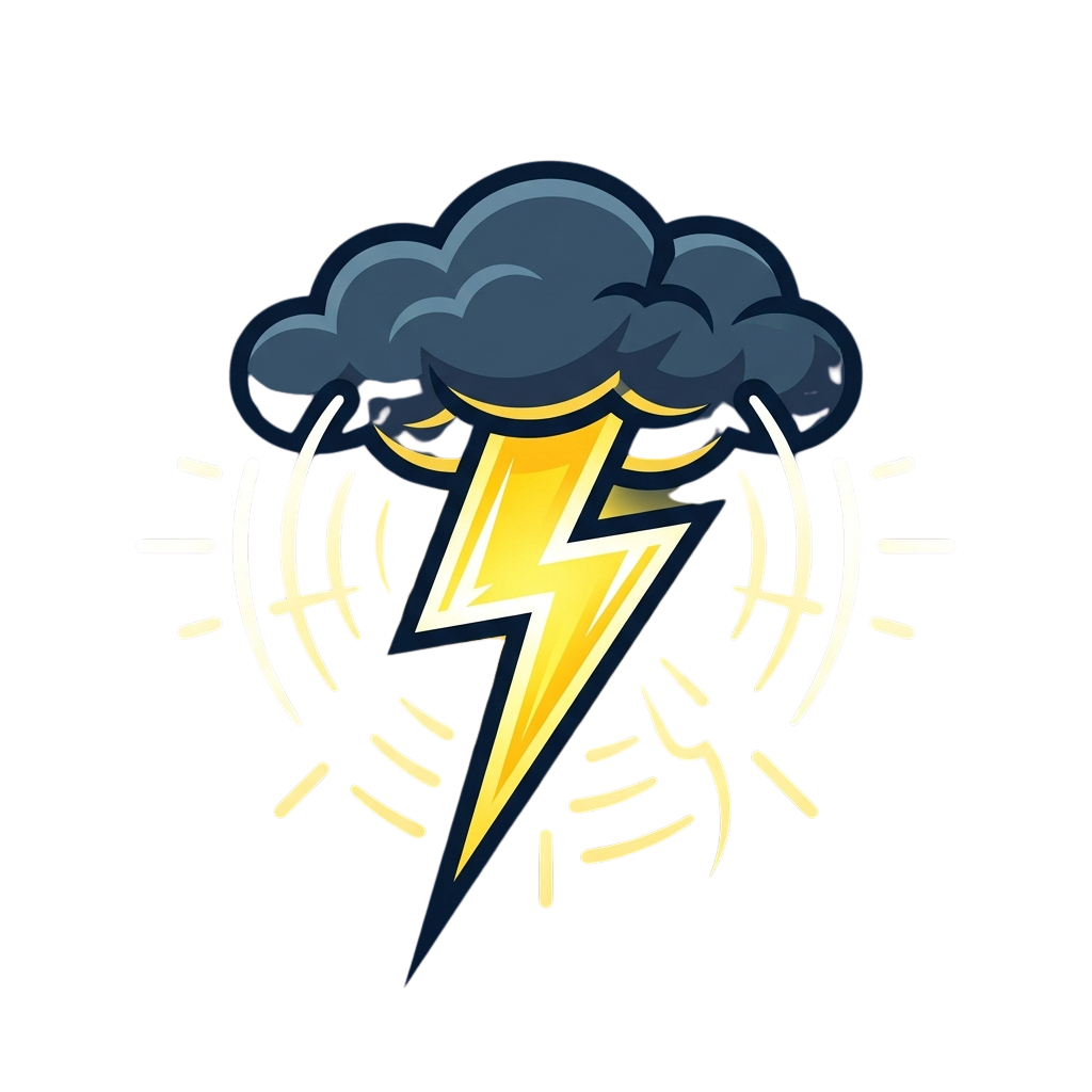A stylized illustration of a dark storm cloud with a bright yellow lightning bolt striking downwards, surrounded by jagged lightning lines.